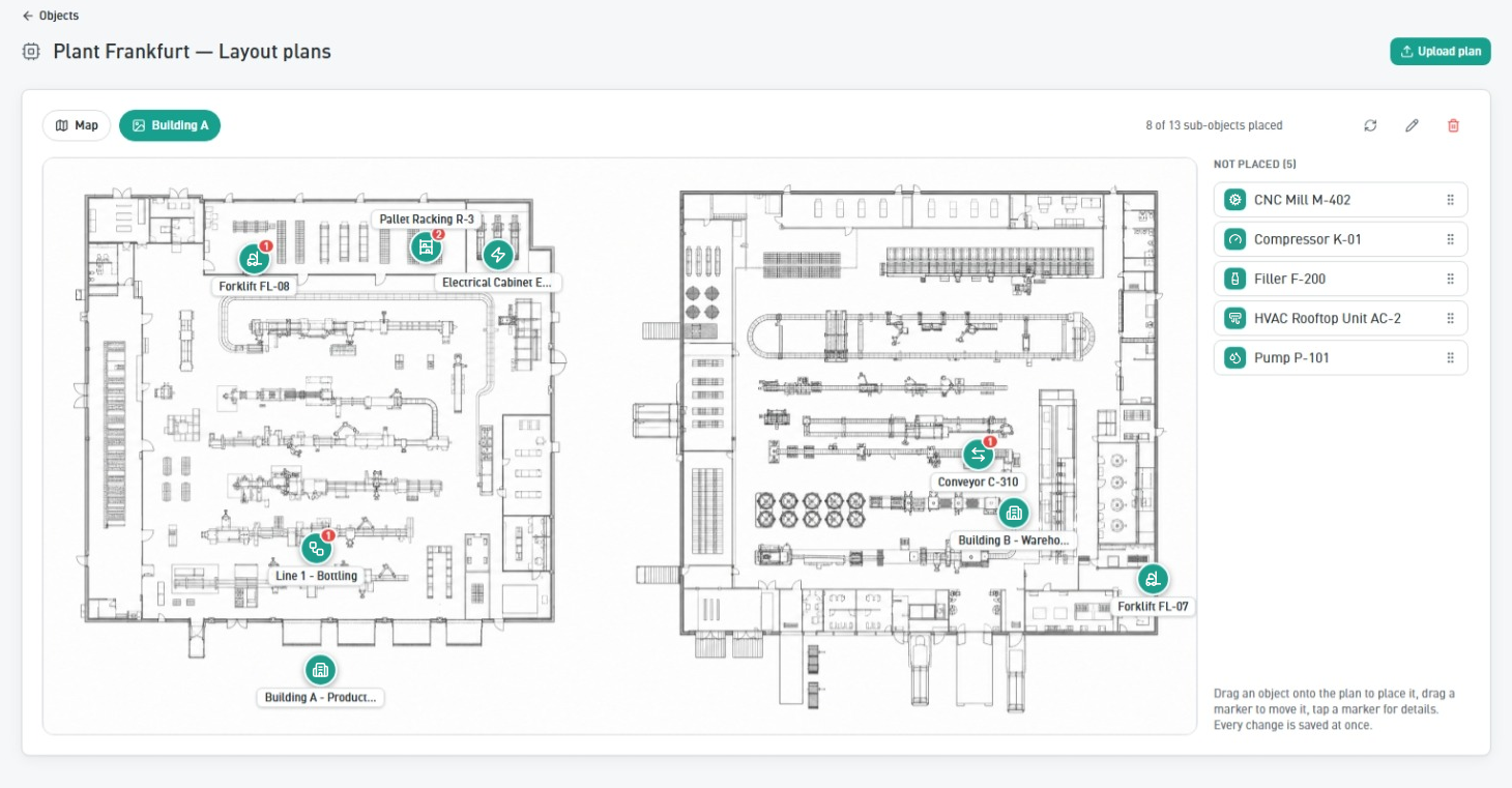 Site plans in coreMaintenance: objects as markers on the hall plan
